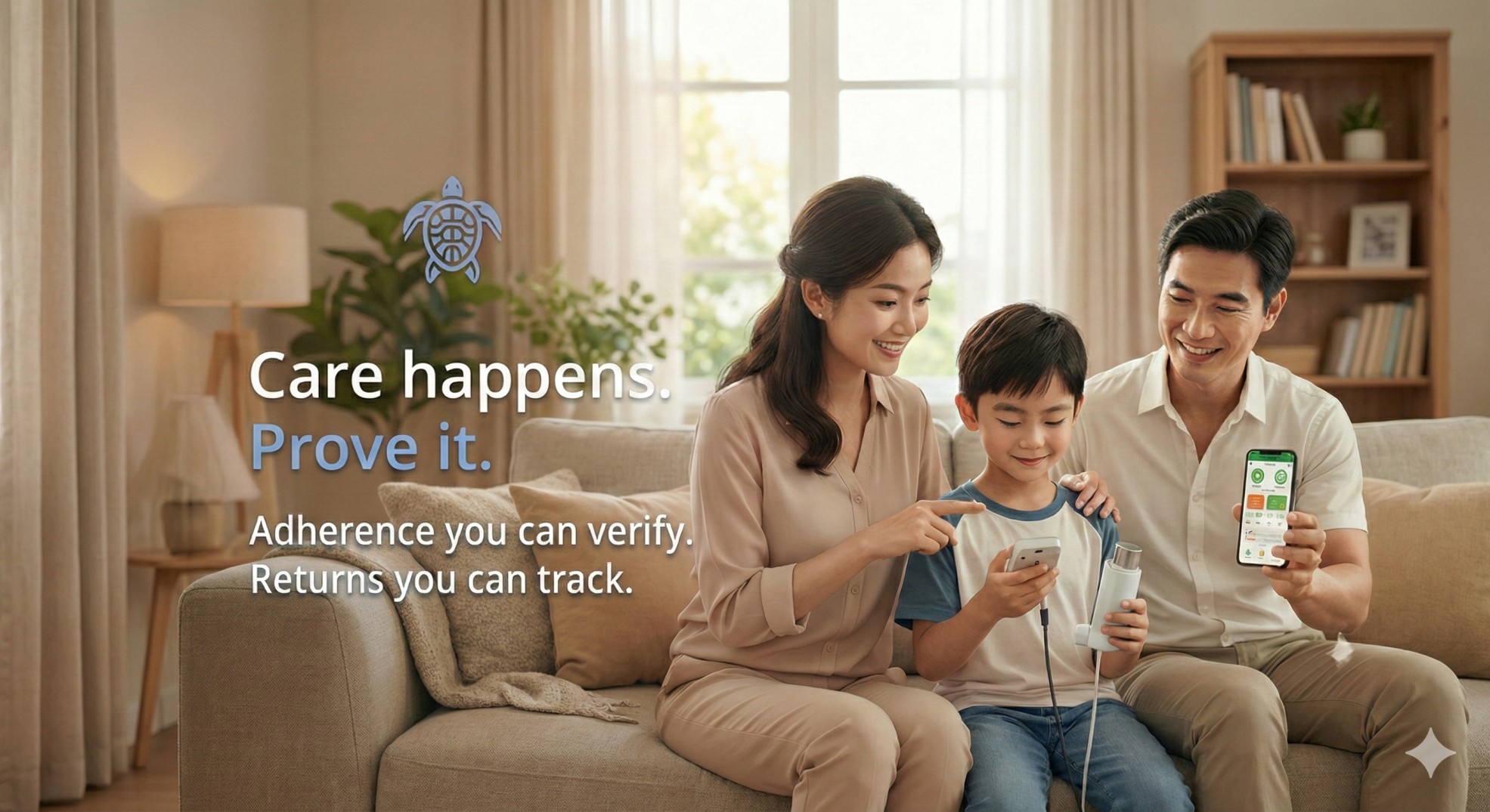 A child confirms an inhaler dose on a phone while both parents follow the shared record on the Play4Health app